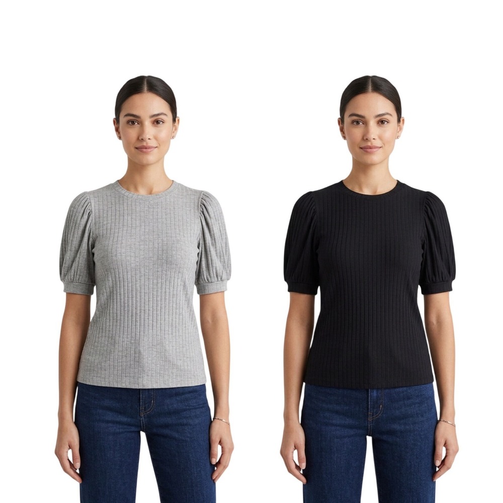 Daily Ritual Bundle of‎ 2 Ribbed Puff Sleeve Stretch Tee, XS
